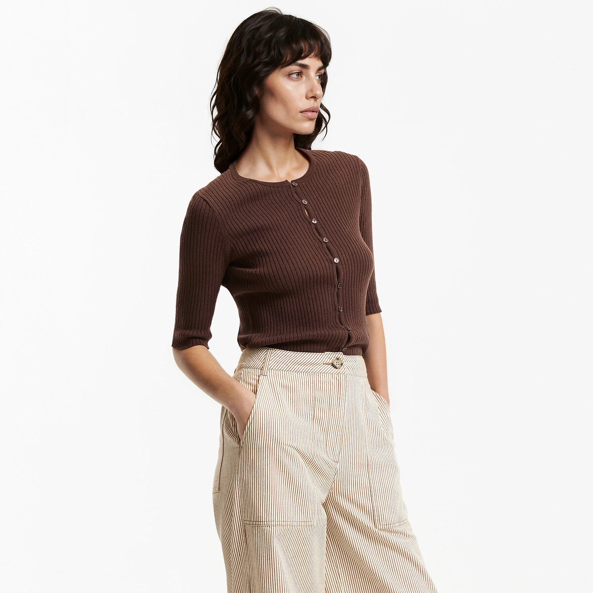 Pull col rond, en fine maille côtelée, laine et coton mélangés marron, LA REDOUTE COLLECTIONS