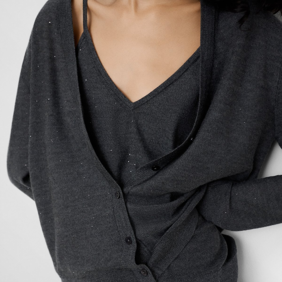 Cardigan en laine mérinos à micro-paillettes anthracite, ADOLFO DOMINGUEZ