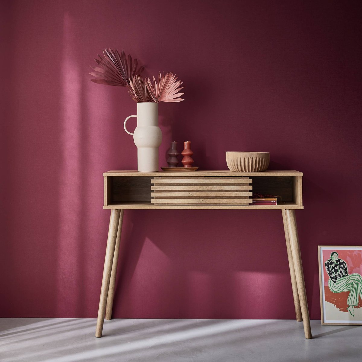 Console scandinave décor bois avec porte coulissante rainurée MADERE naturel, SWEEEK