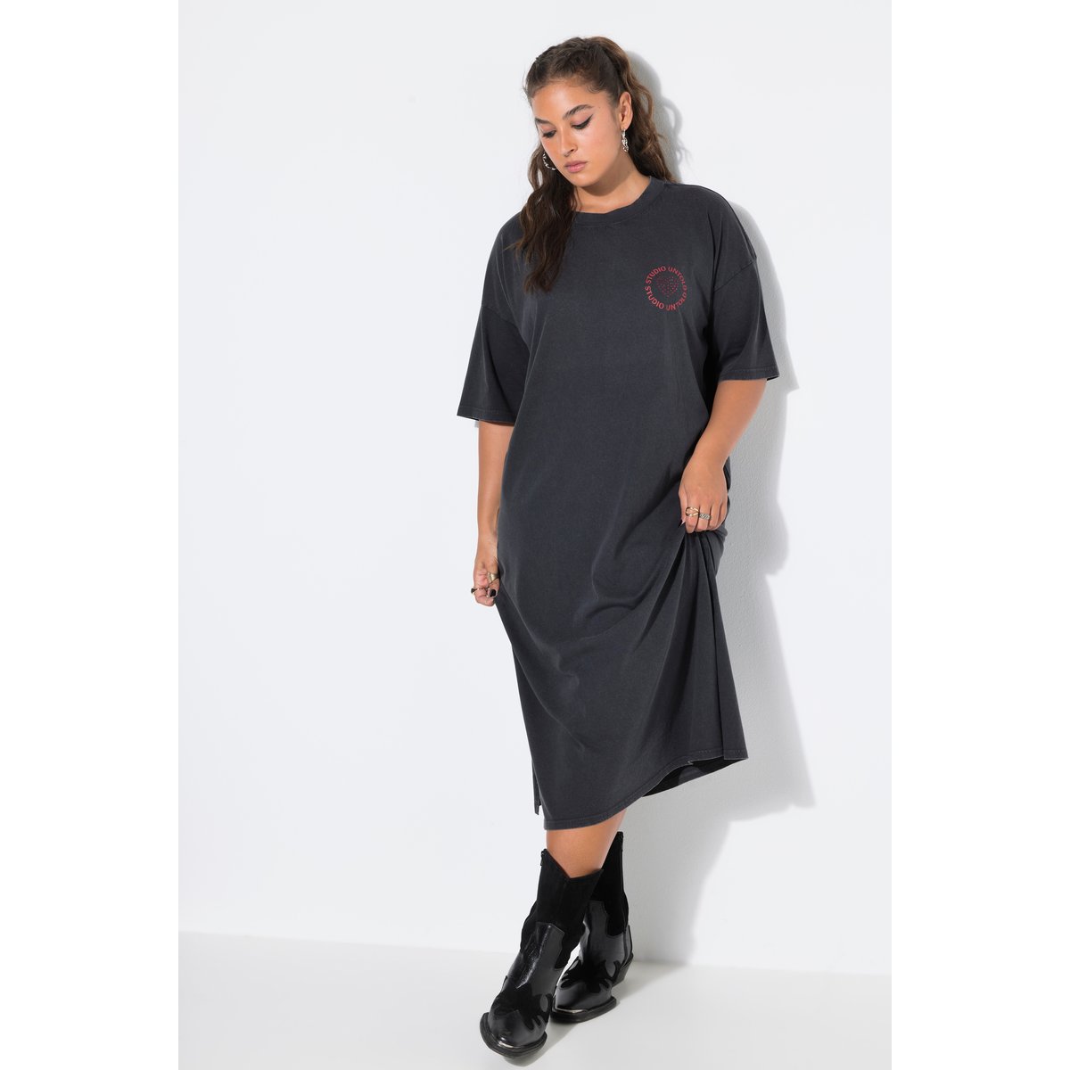 Robe midi en jersey, coupe trapèze chiné anthracite, STUDIO UNTOLD