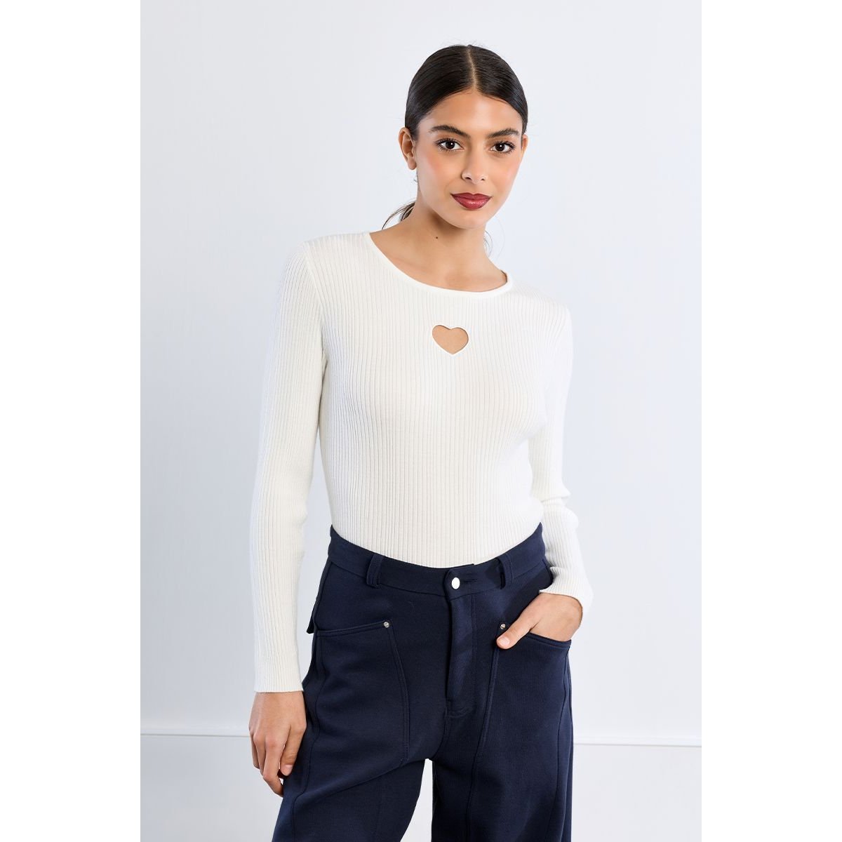 Pull côtelé, ouverture cœur offwhite, LILI SIDONIO