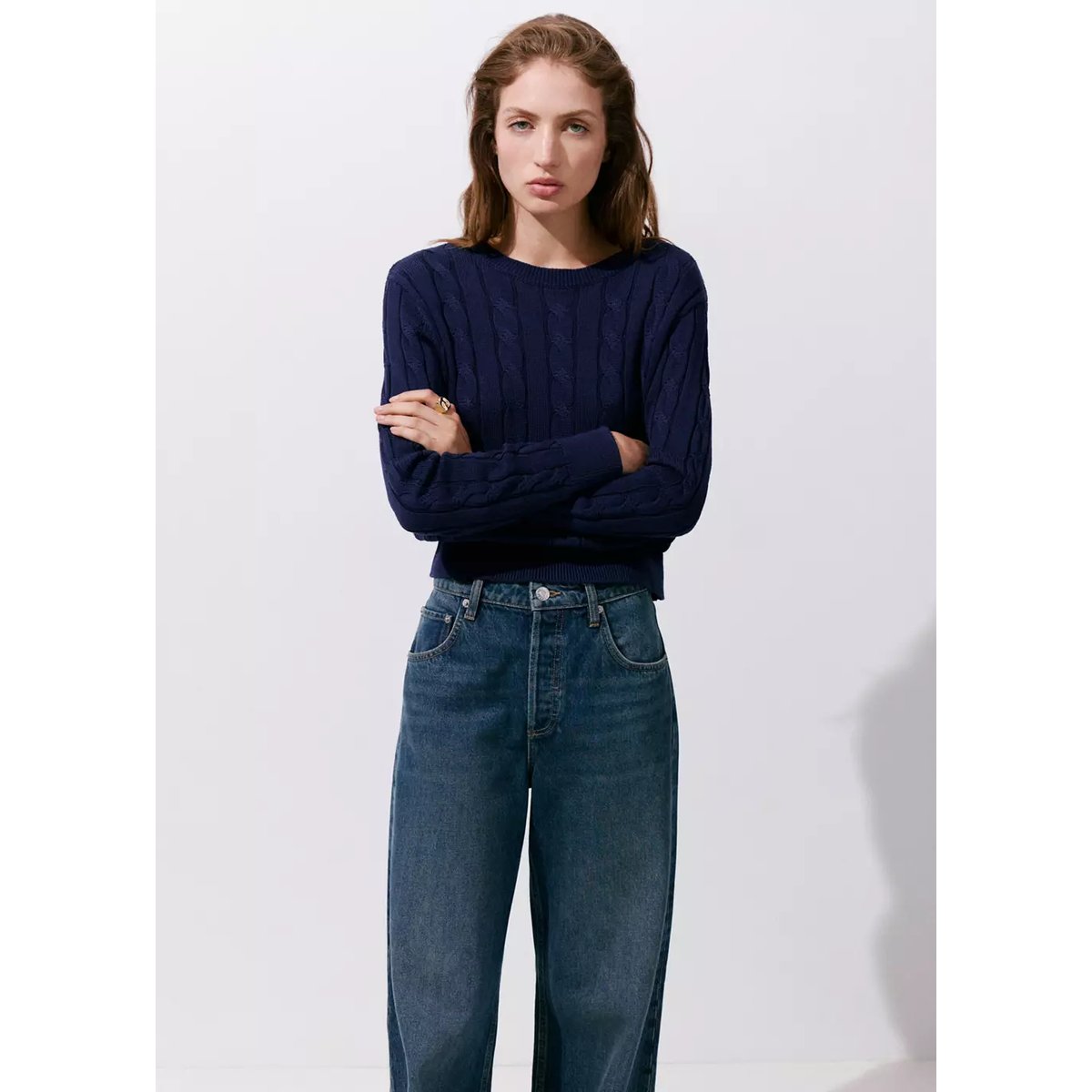 Pull-over maille tressée bleu marine foncé, MANGO