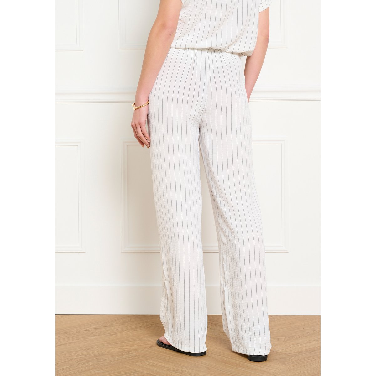 Pantalon large fluide rayé blanc vanille, LOLALIZA