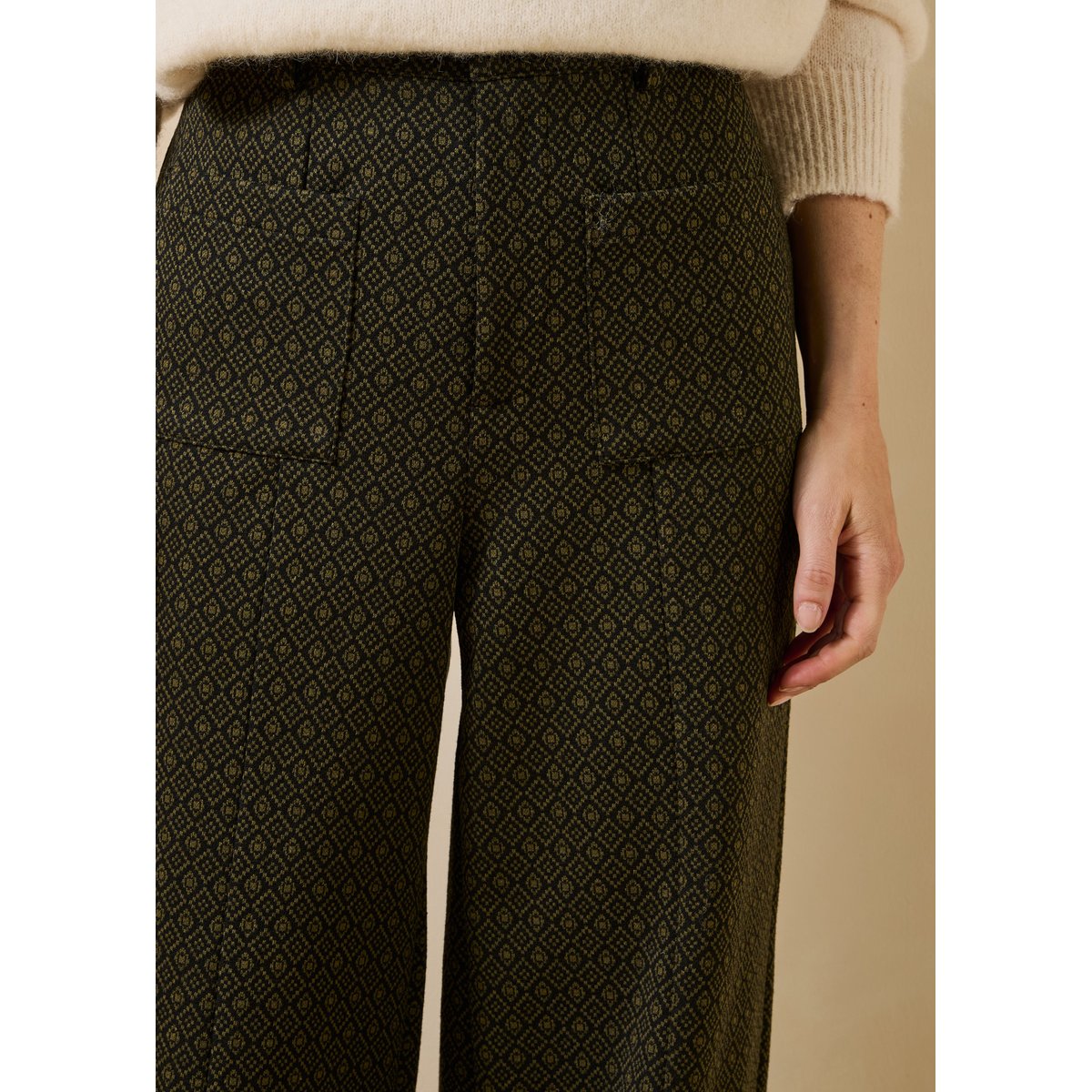 Pantalon large en milano jacquard kaki, LA FEE MARABOUTEE