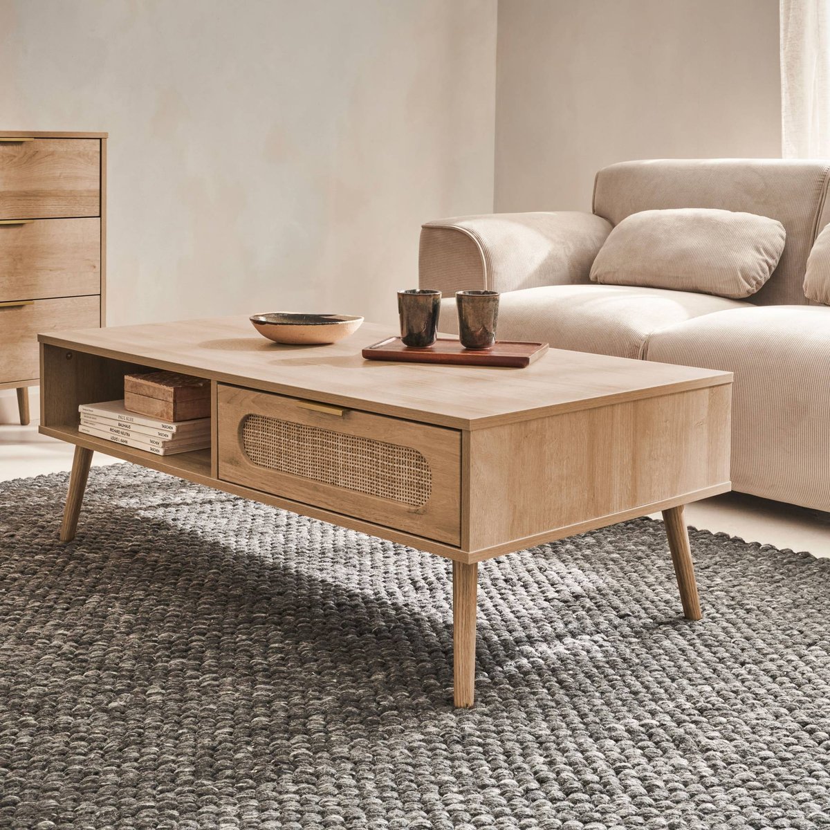 Table basse rectangulaire décor bois et cannage arrondi 1 tiroir EVA naturel, SWEEEK