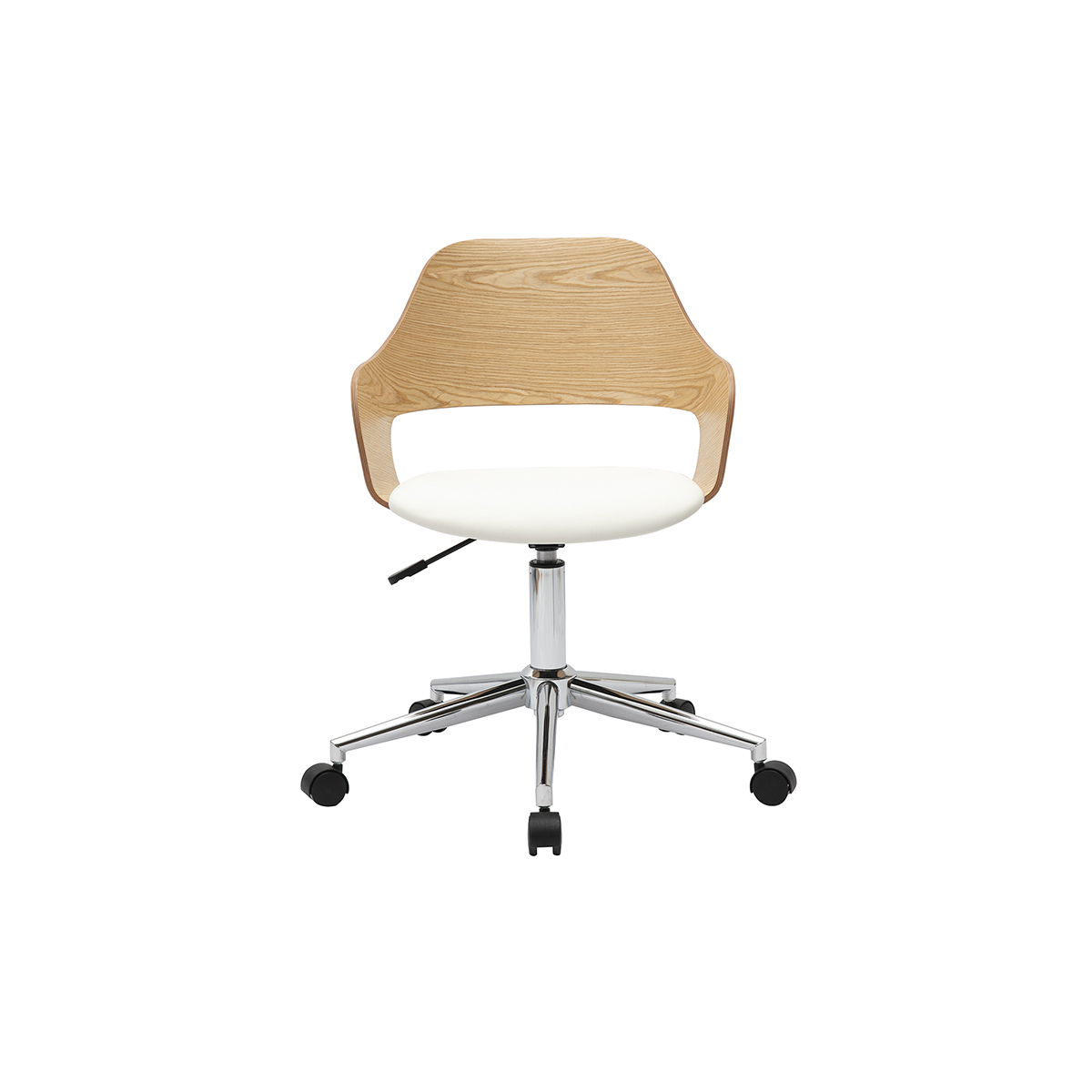 Chaise de bureau à roulettes design blanc, bois clair chêne et acier chromé JANET blanc, MILIBOO