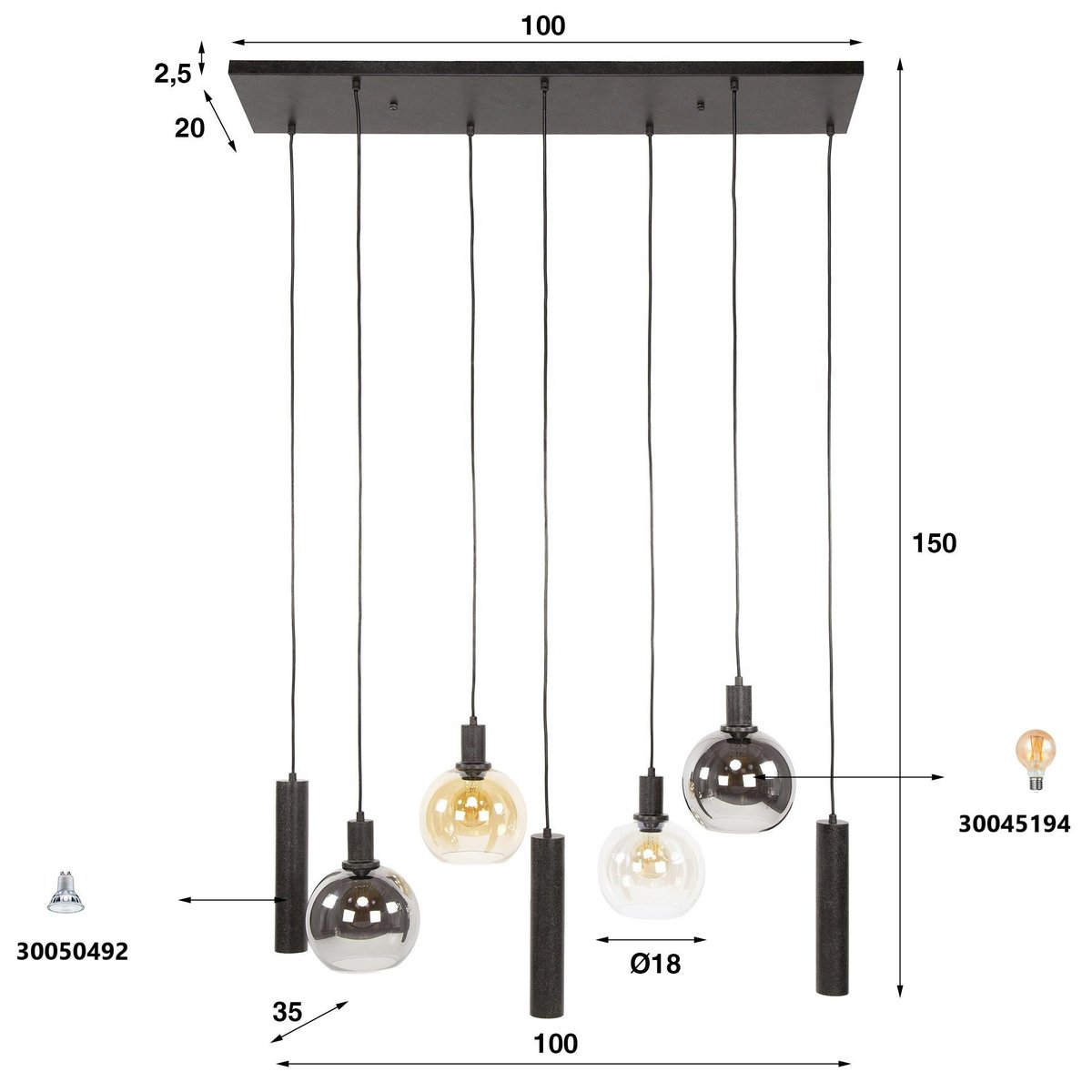 Suspension cuisine vintage - 4 globes verre, 3 cylindres NOVA ambre, PIER IMPORT
