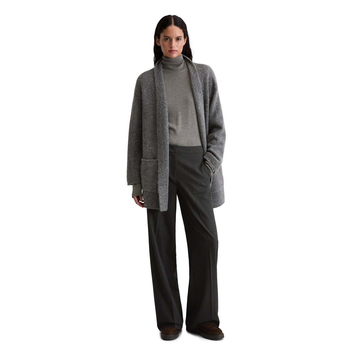 Cardigan bouclette regular en mélange de laine vierge et de laine d'alpaga gris fonce, MARC O'POLO