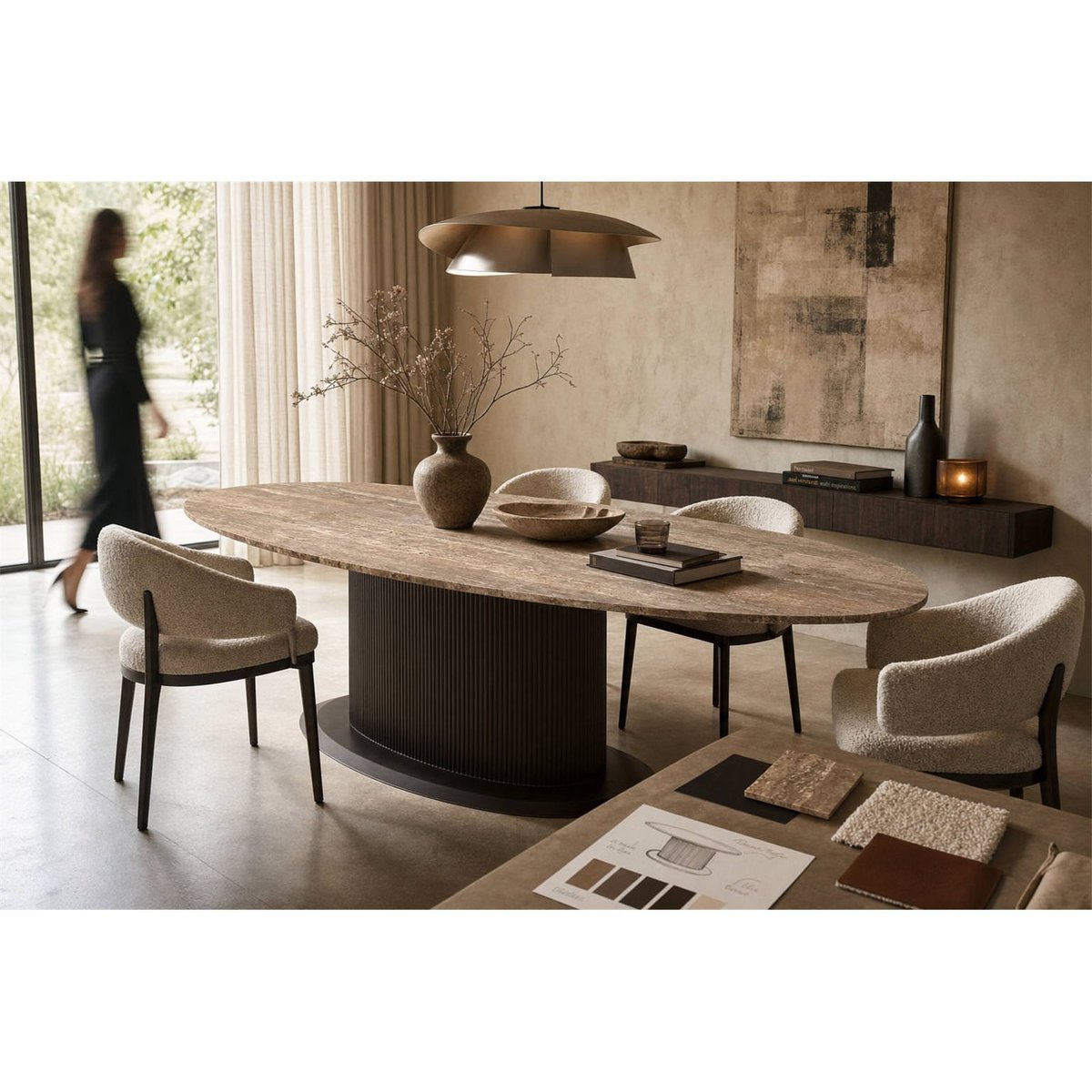 Table à manger ovale en pierre RUSSO marron cendré, RECOLLECTION