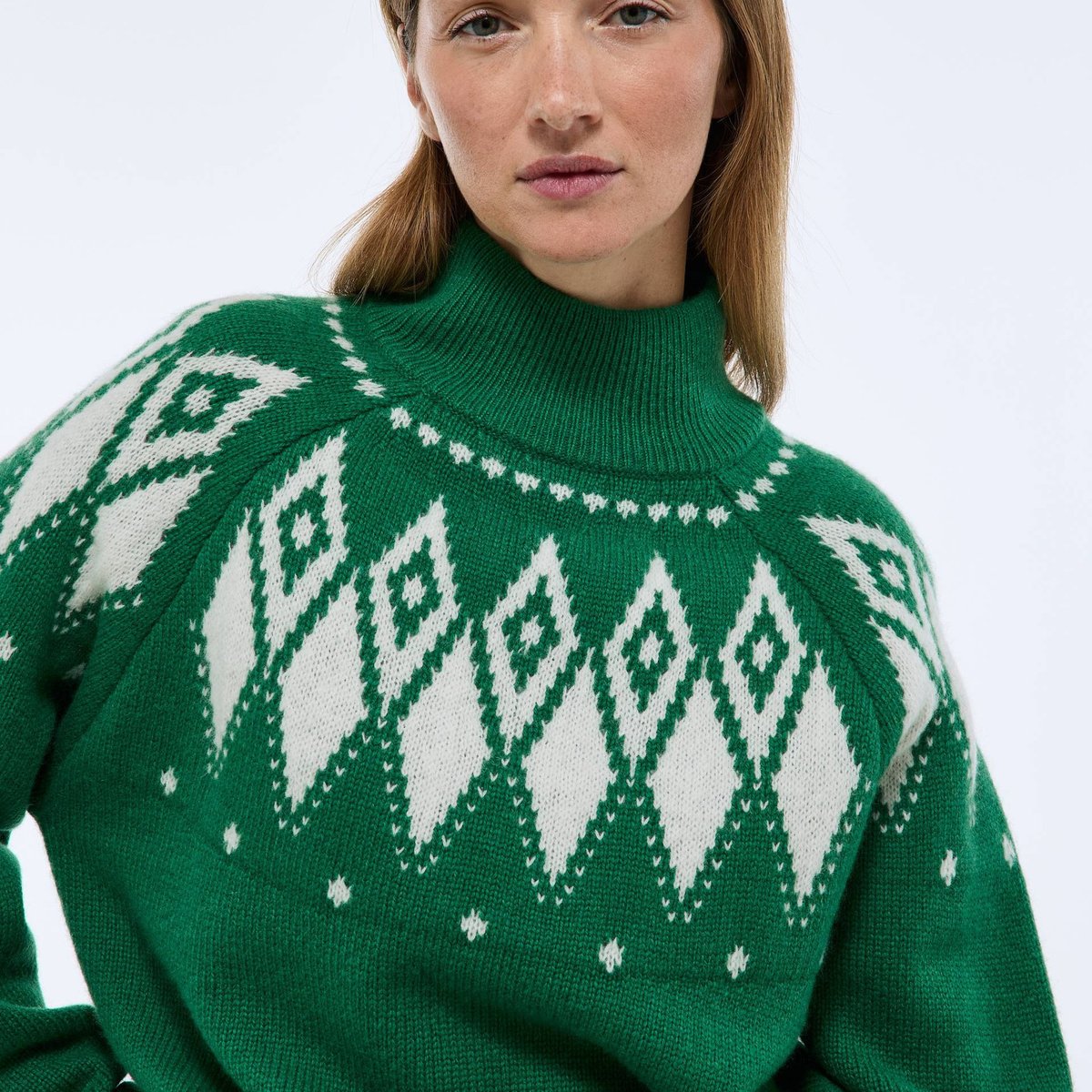 Pull col montant avec jacquard fantaisie en laine, Oeko-Tex salade, MONOPRIX