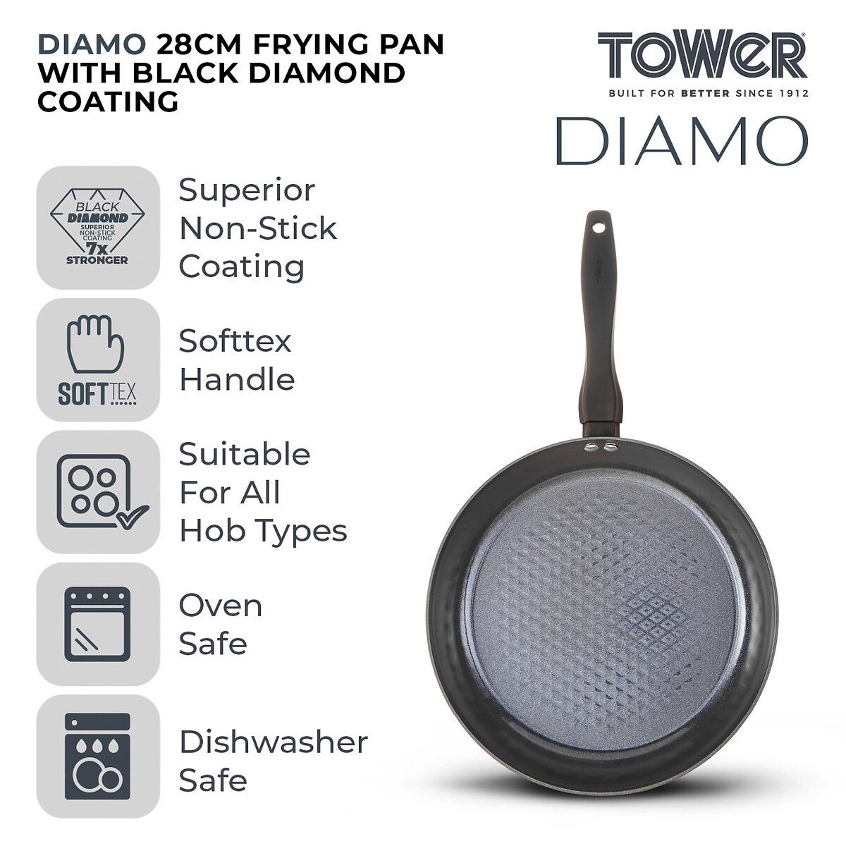 28cm Diamo Frying Pan with Black Diamond Coating black, TOWER