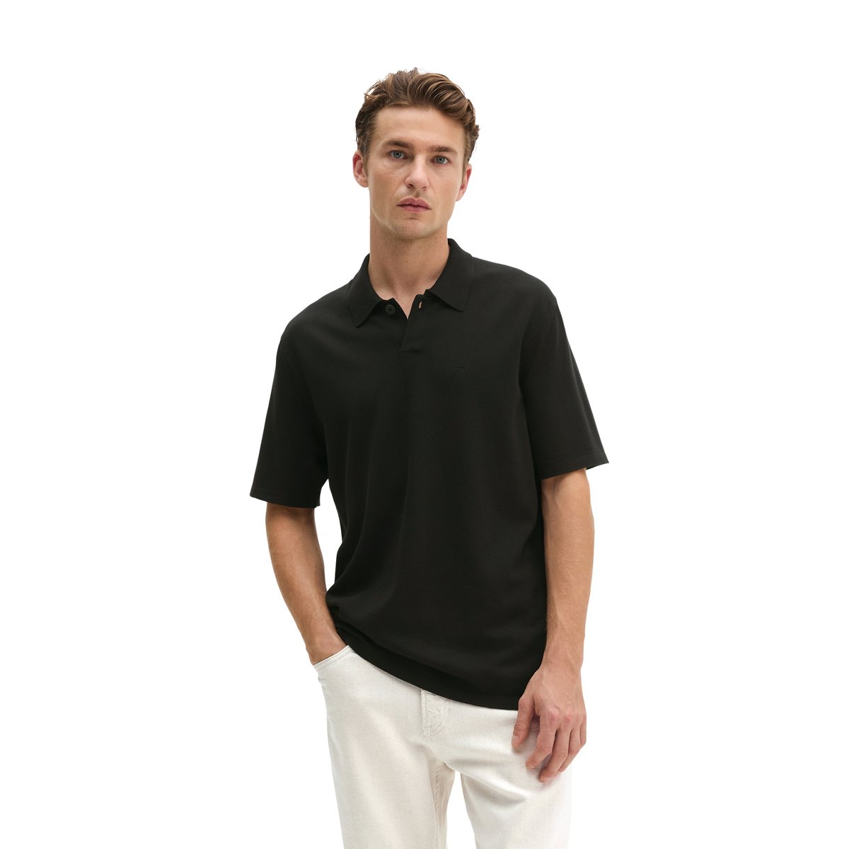 Polo en tricot régulier en pur coton bio noir, MARC O'POLO