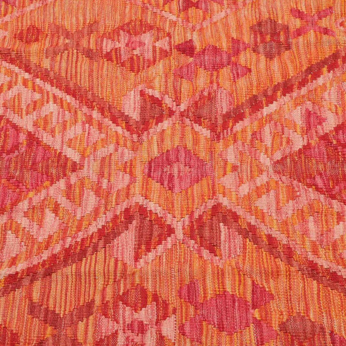 Tapis kilim, motif ethnique, tissé plat en laine, KILIM 97 orange, rose, rouge, UN AMOUR DE TAPIS