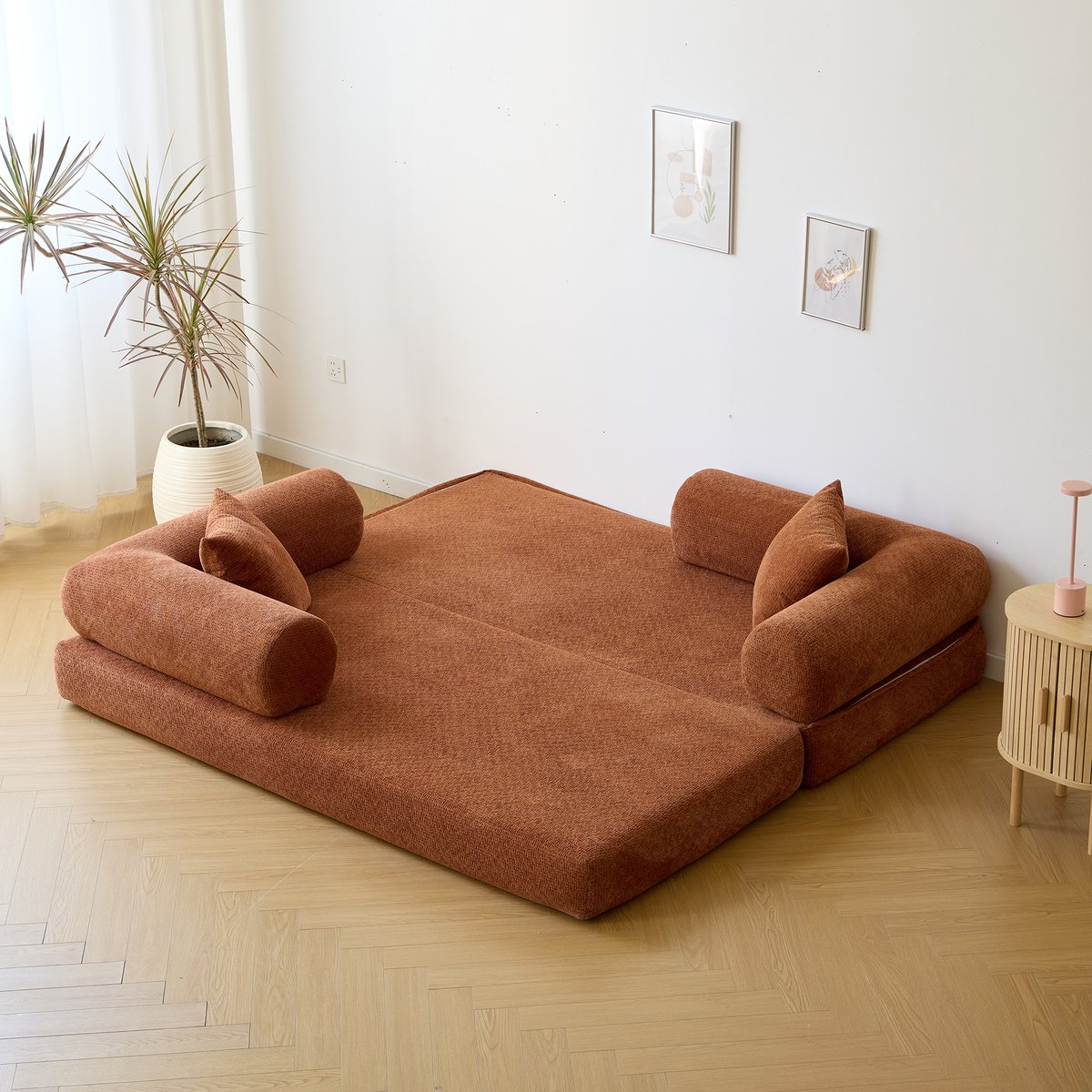 Canapé lit convertible en tissu terracotta, SARIA terracotta, NORDLYS