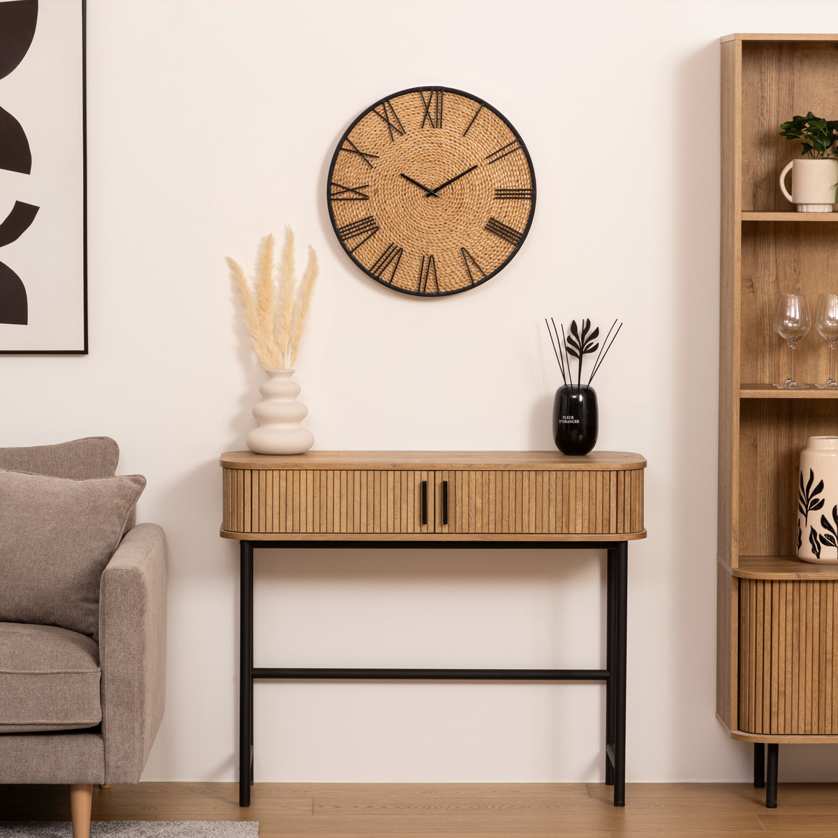 Horloge murale métal et paille NICO beige, ATMOSPHERA