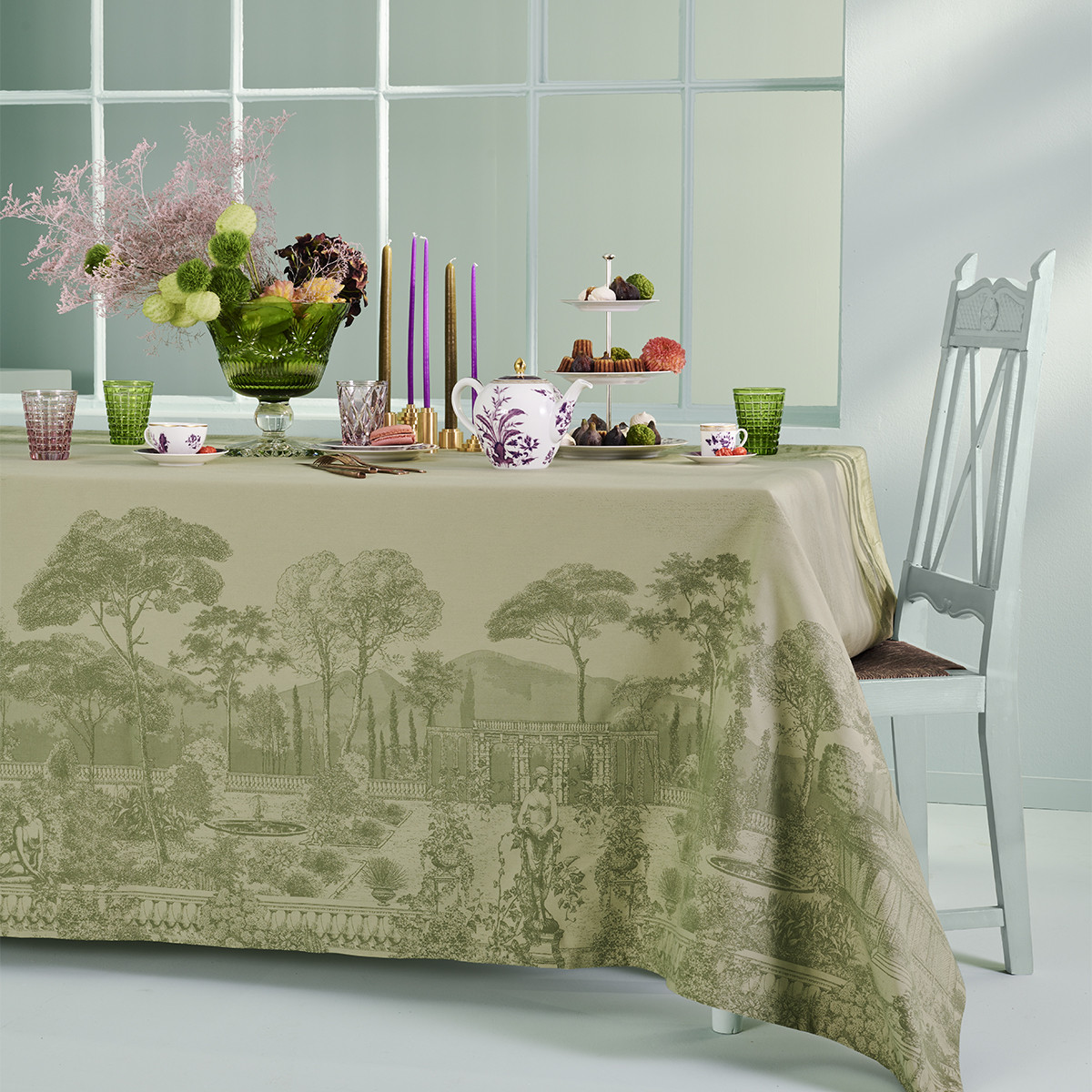 Nappe pur coton antitache JARDIN SPIRITUEL olive, GARNIER THIEBAUT