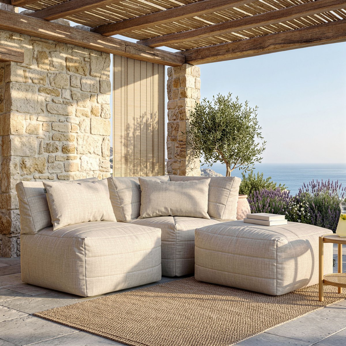 Pouf canapé de jardin modulable en tissu tissé d'intérieur et d'extérieur Oeko-Tex® - NOA beige, ICON