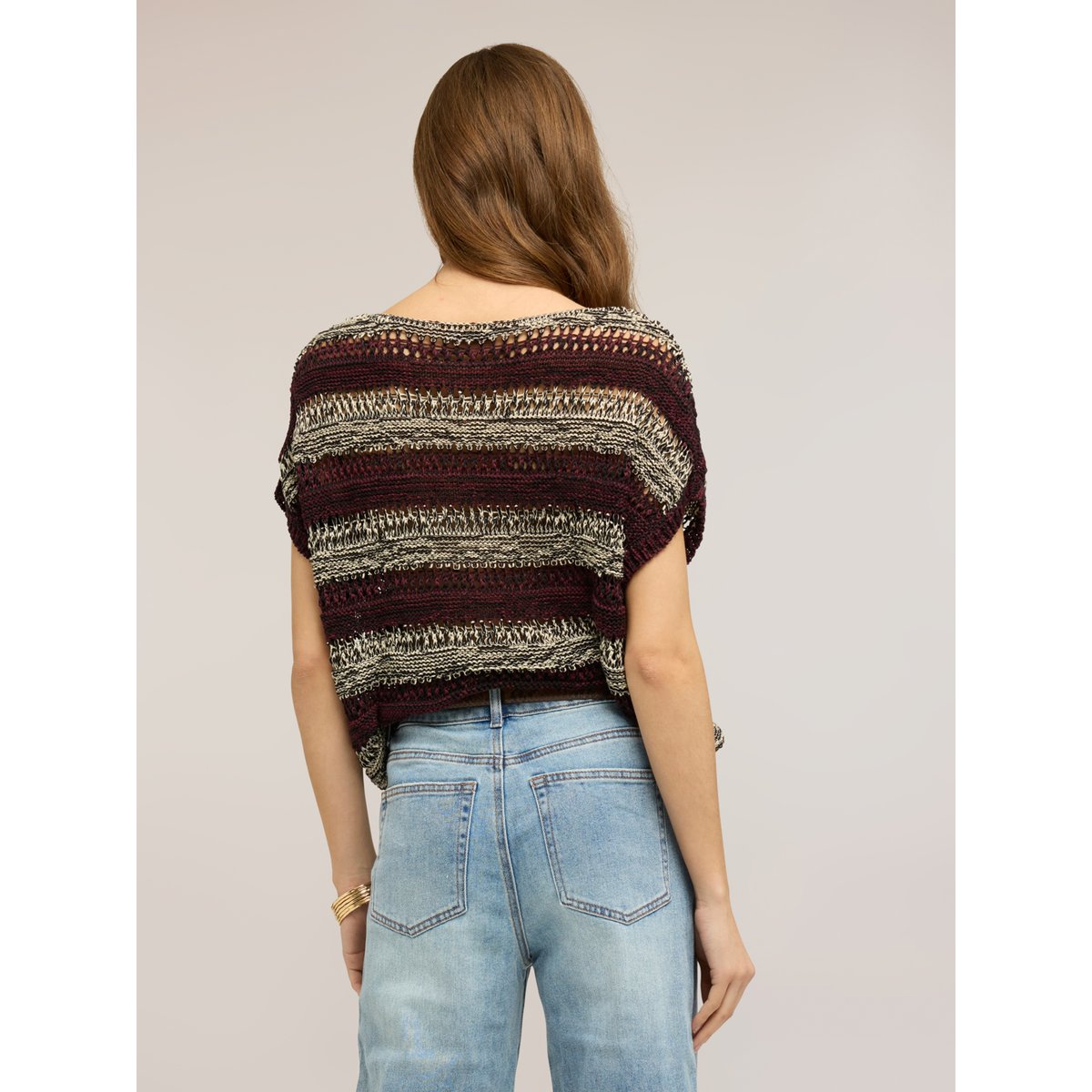 Pull effet ajouré à rayures marron, MOTIVI
