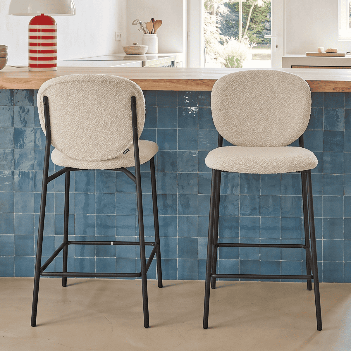Lot de 2 tabourets de bar en tissu bouclette - BETTY ecru, HOMIFAB