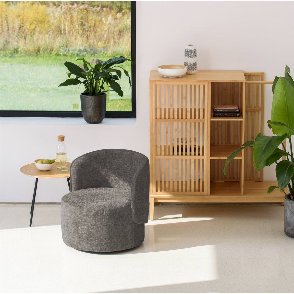 Fauteuil pivotant arrondi collection ZAMBINI beige chenille, RECOLLECTION
