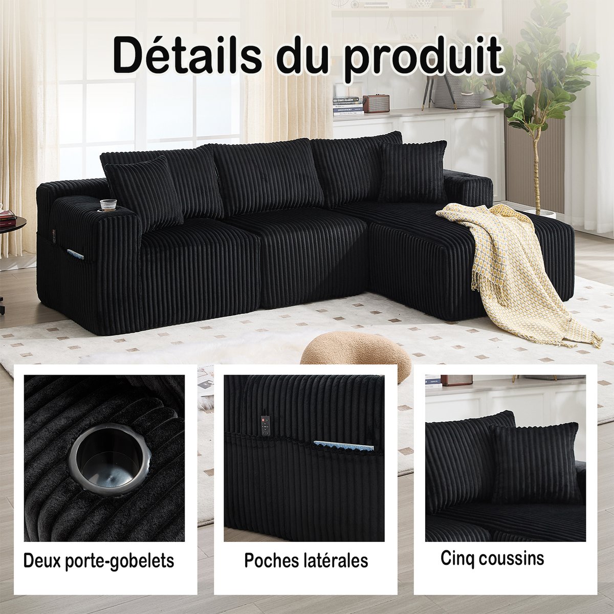 Canapé d’angle 3 places design moderne en velours côtelé avec méridienne, poches latérales et porte-gobelets, SCANDB noir, MEUBLES COSY