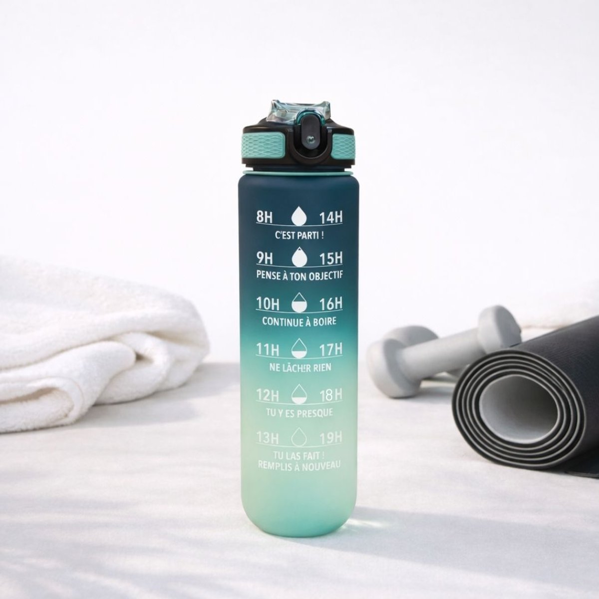 Gourde de motivation hydratation bleu vert, ARTIME