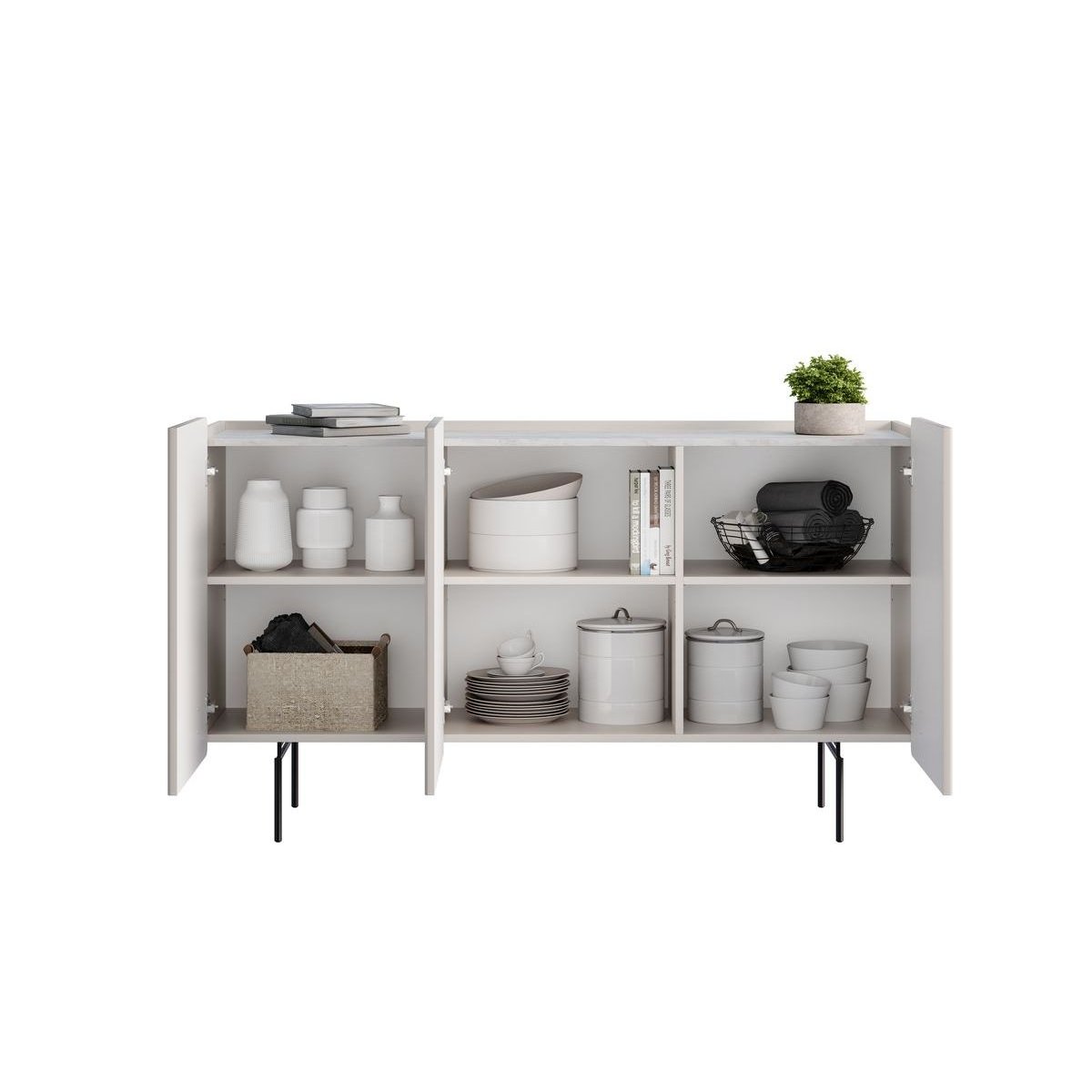 Buffet bas en panneaux de particules et MDF 4 portes 150 cm, MATHILDE beige, BOBOCHIC