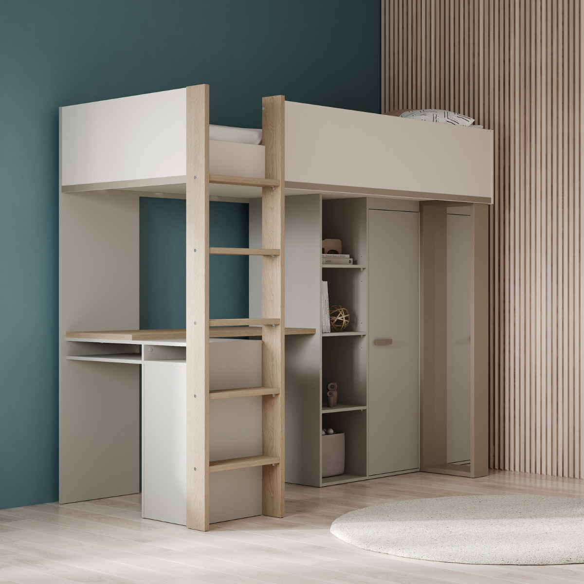 Lit mezzanine avec bureau et armoire H183 cm - CAMILLIA argile / gris / chêne, CALICOSY