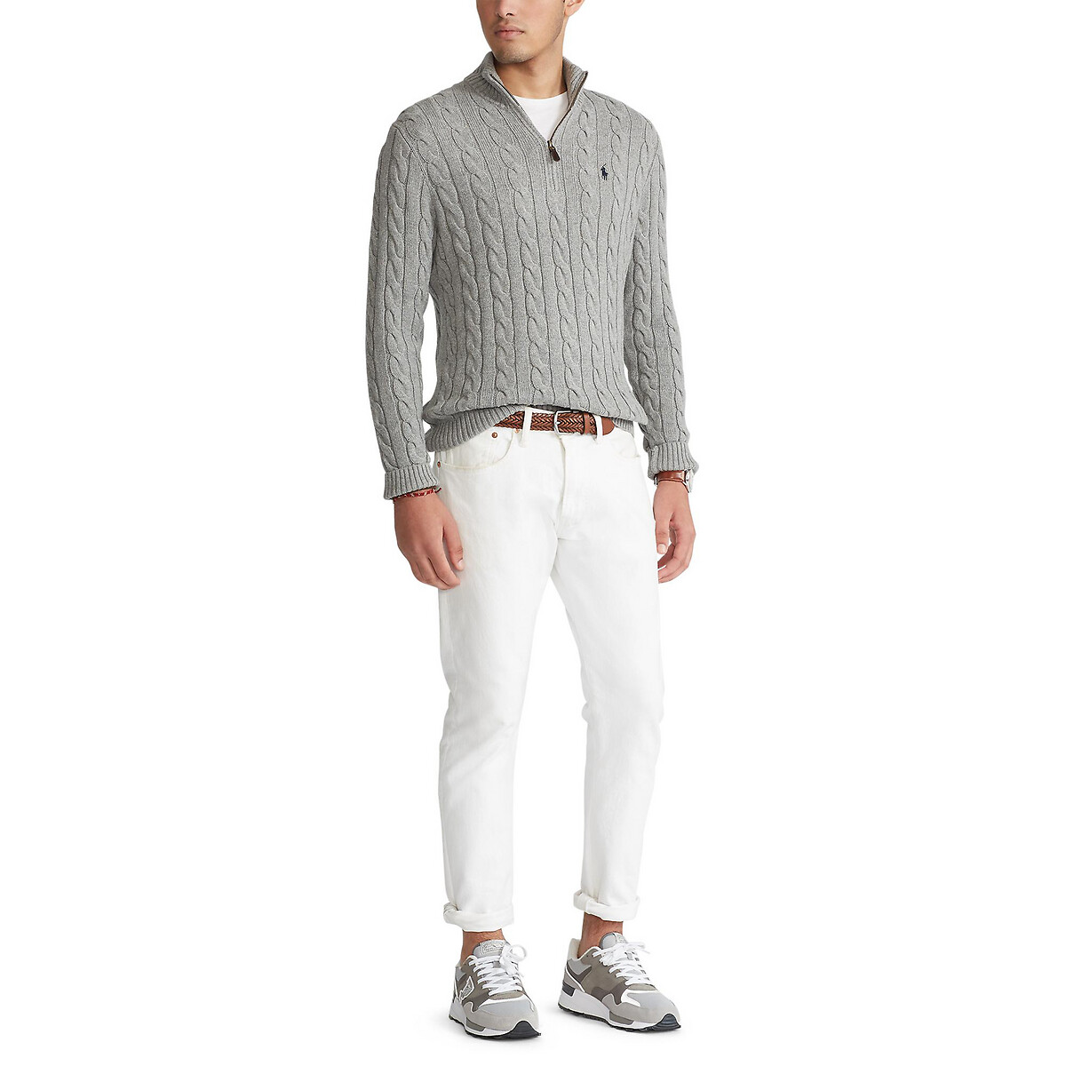 Half Zip-Up Jumper in Cable Knit Cotton grey, POLO RALPH LAUREN