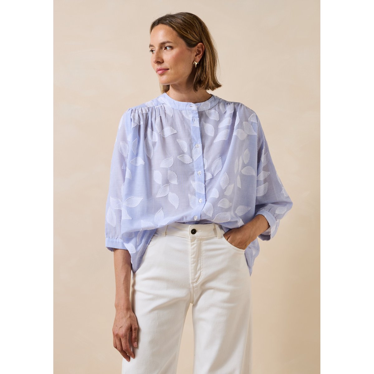 Chemisier en coton fleuri manches 3/4 bleu ciel, LA FEE MARABOUTEE