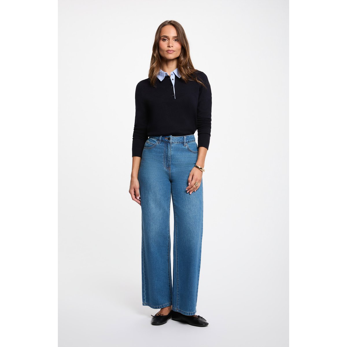 Pull col chemise bleu marine, MORGAN