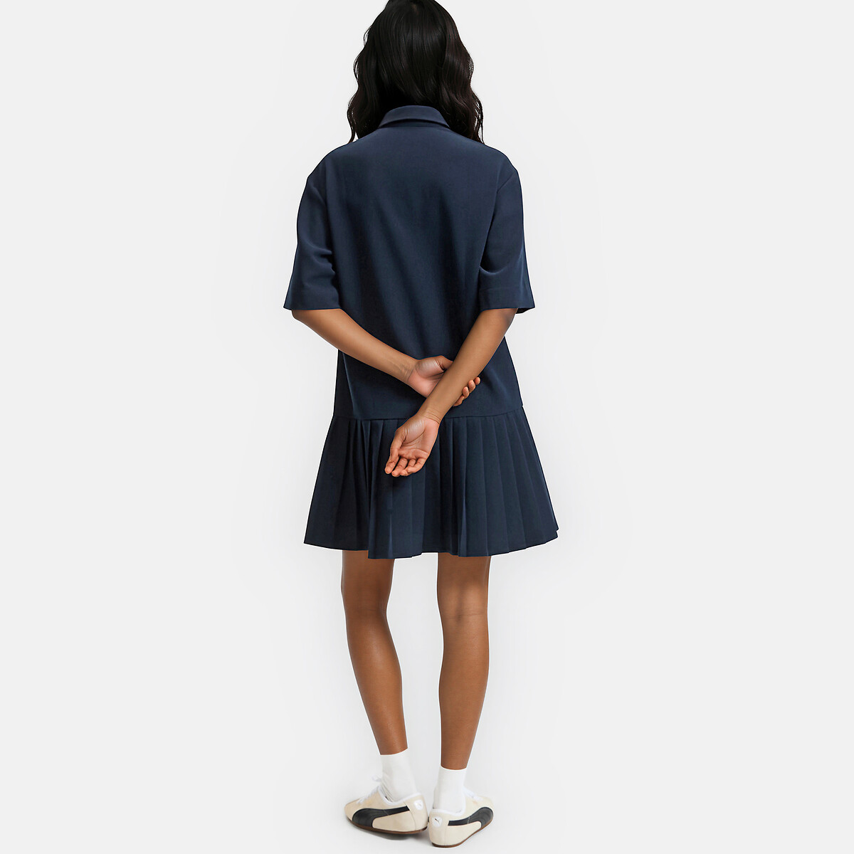 Short Sleeve Mini Dress with Pleated Skirt navy blue, LA REDOUTE COLLECTIONS