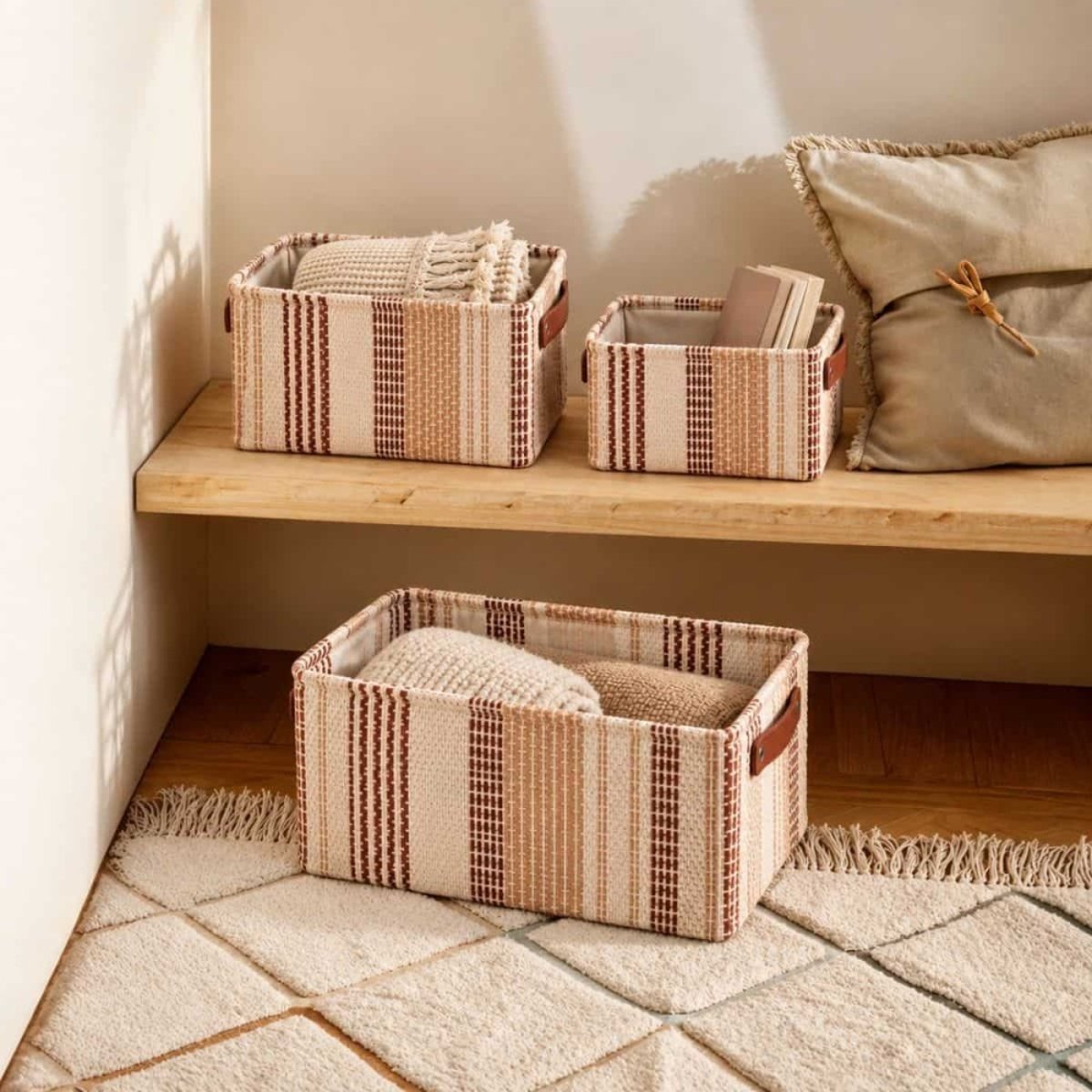 Set de 3 paniers rectangulaire en corde de papier beige, ORNAMI