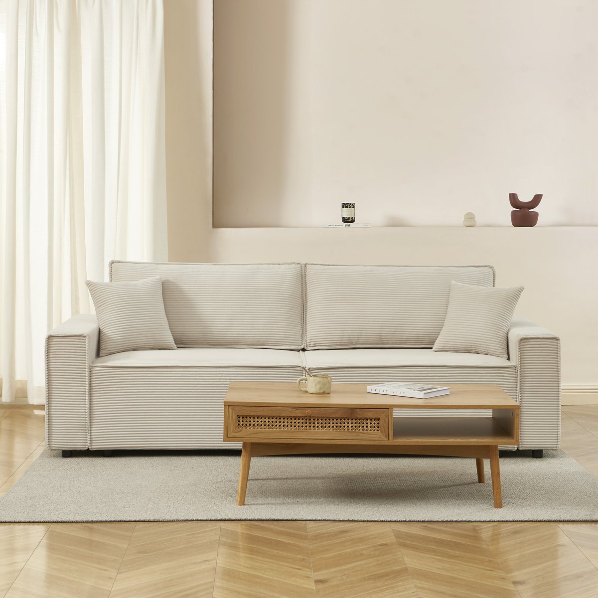 Canapé droit convertible velours  ZOLA beige, BAÏTA