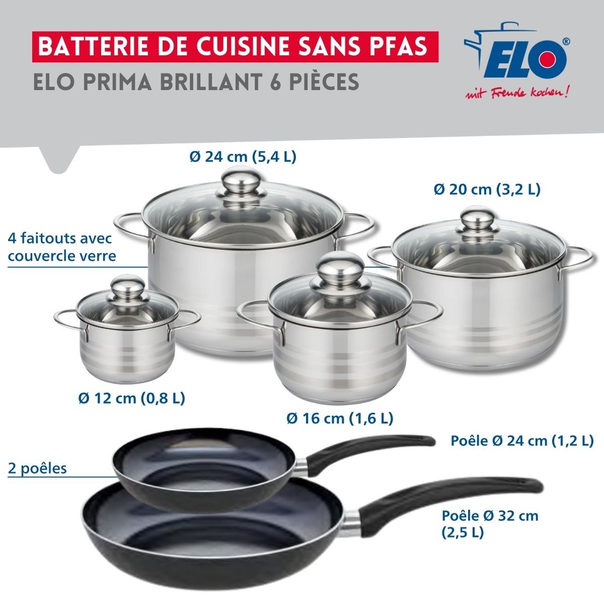 2 poêles 24/32cm + 4 faitouts 12/16/20/24cm PRIMA BRILLANT noir, ELO