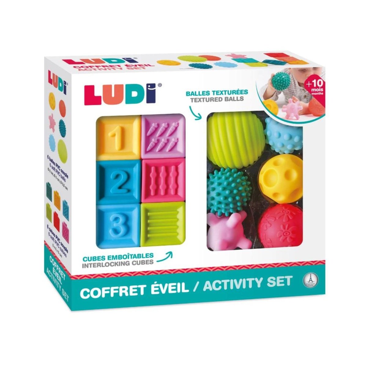 Coffret d'éveil sensoriel 6 balles et 6 cubes souples couleur unique, LUDIMOUSSE