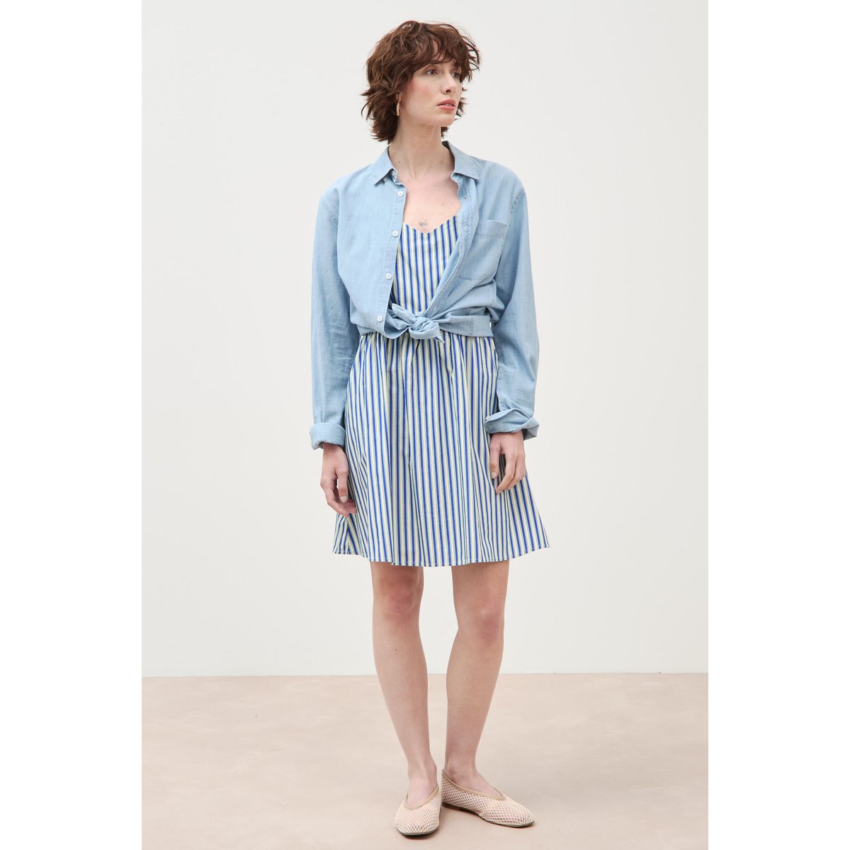 Robe bretelle col cœur en coton bleu clair, BONOBO