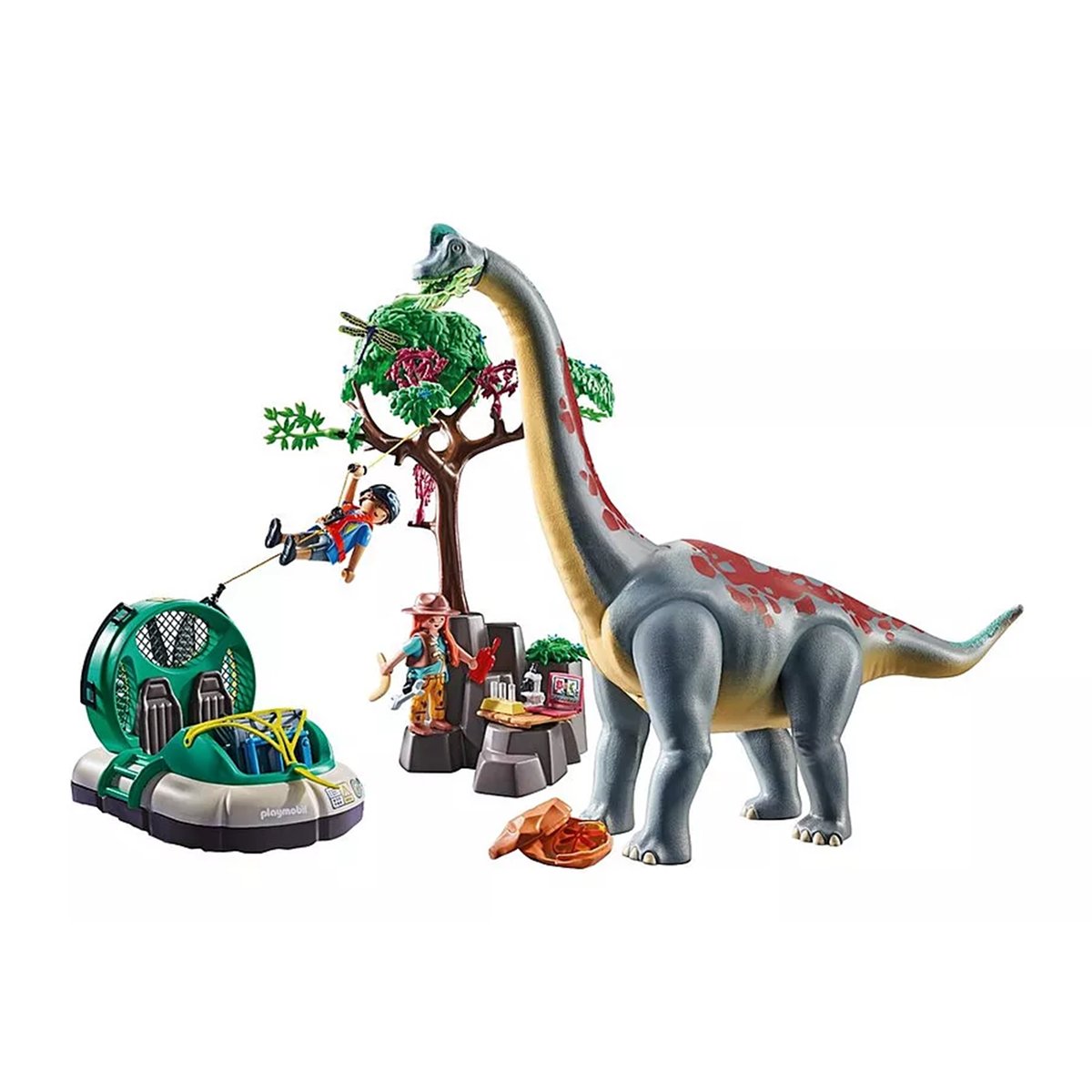 Brachiosaure avec explorateurs et aéroglisseur multicolore, PLAYMOBIL
