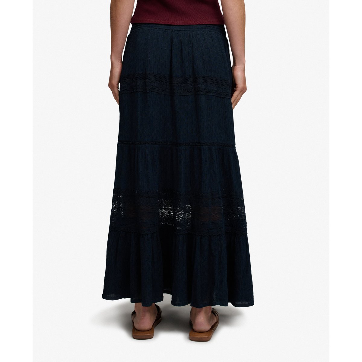 Jupe longue Ibiza ajourée ceinture smokée bleu marine éclipse, SUPERDRY