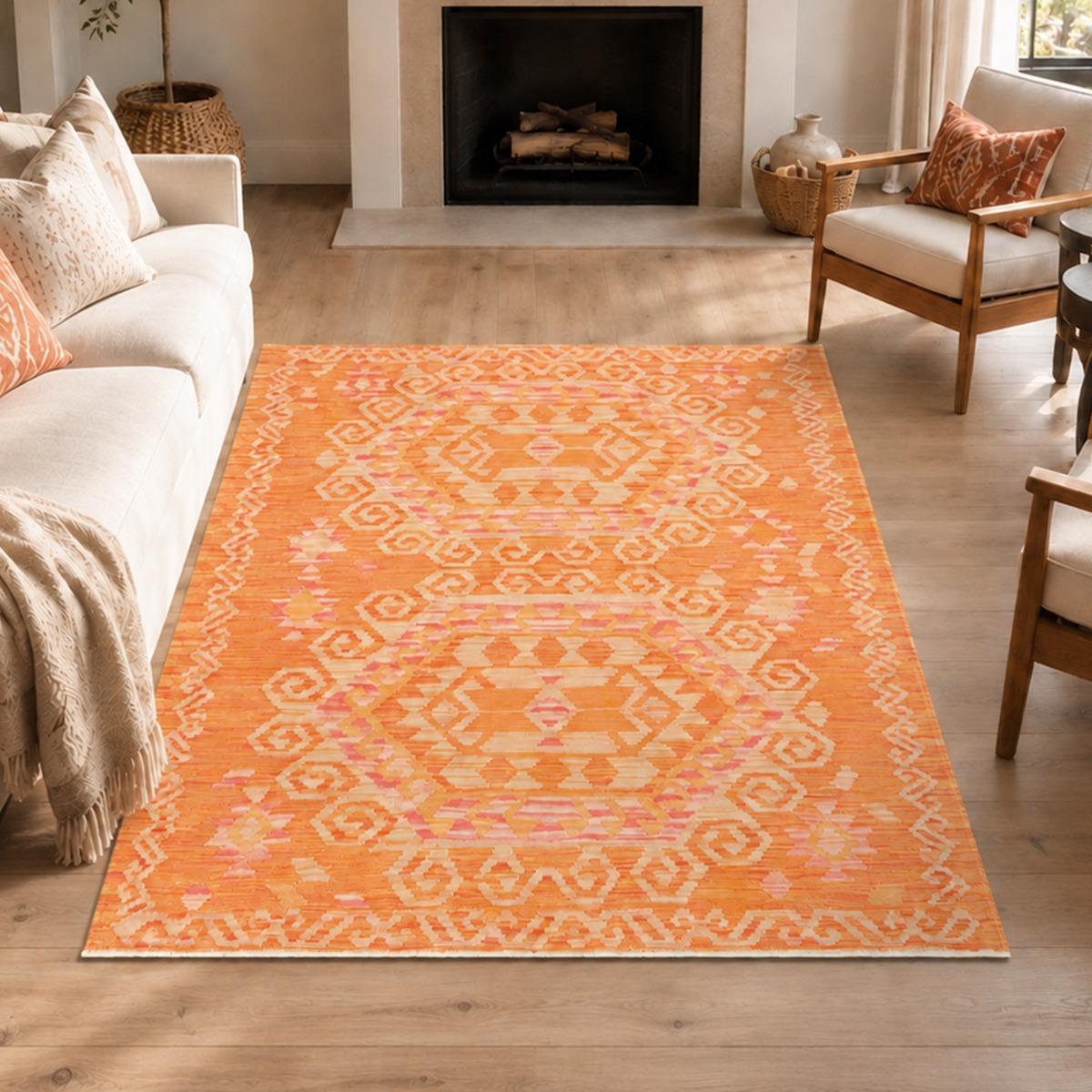 Tapis kilim au motif ethnique, tissé plat artisanal en laine orange, beige, rose, UN AMOUR DE TAPIS