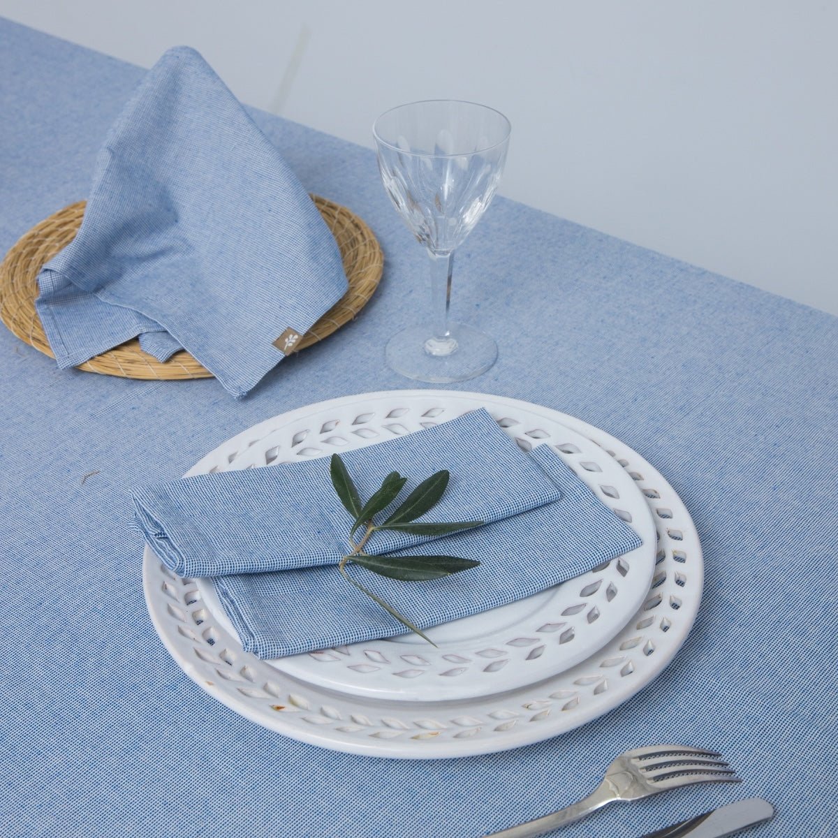 Nappe + 8 serviettes coton COLETTE bleu grec, FEBRONIE