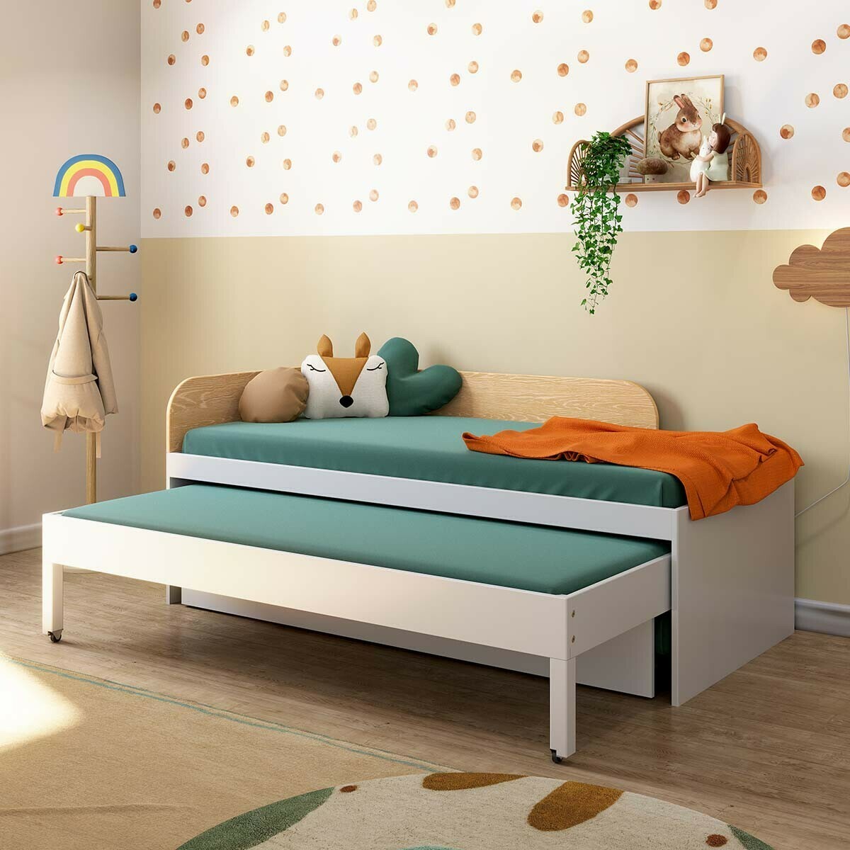 Pack lit gigogne 3 places avec matelas Bois massif NOHA blanc, AKITEN RETAIL