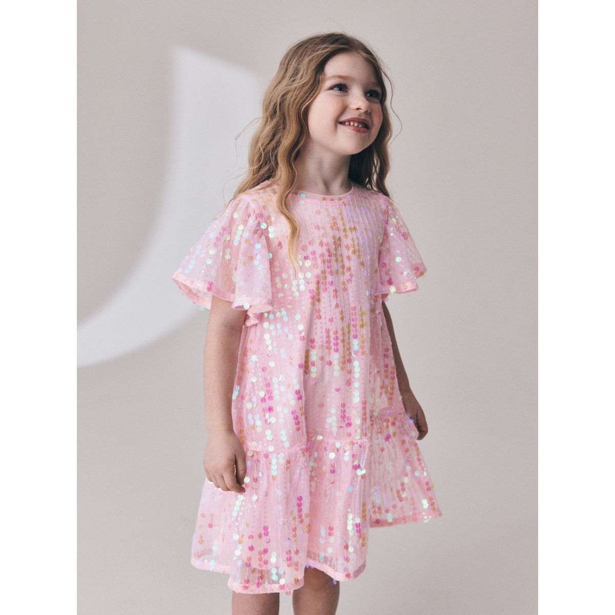 Robe de soirée à sequins/basque/manches ange rose, NEXT