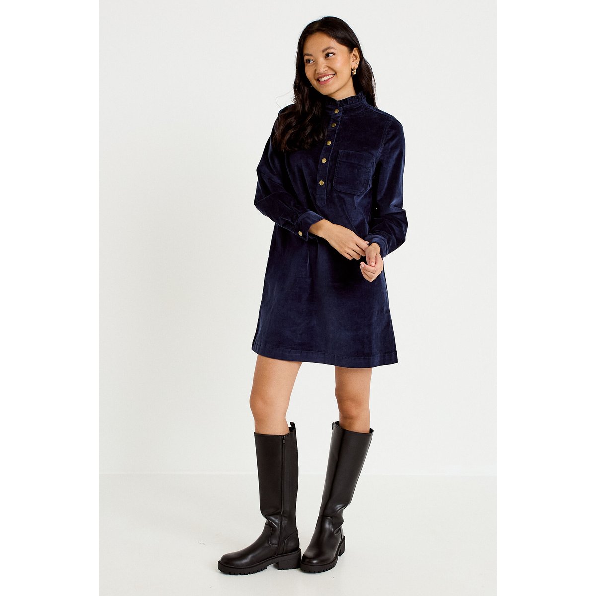 Robe évasée velours col montant bleu marine, CACHE CACHE