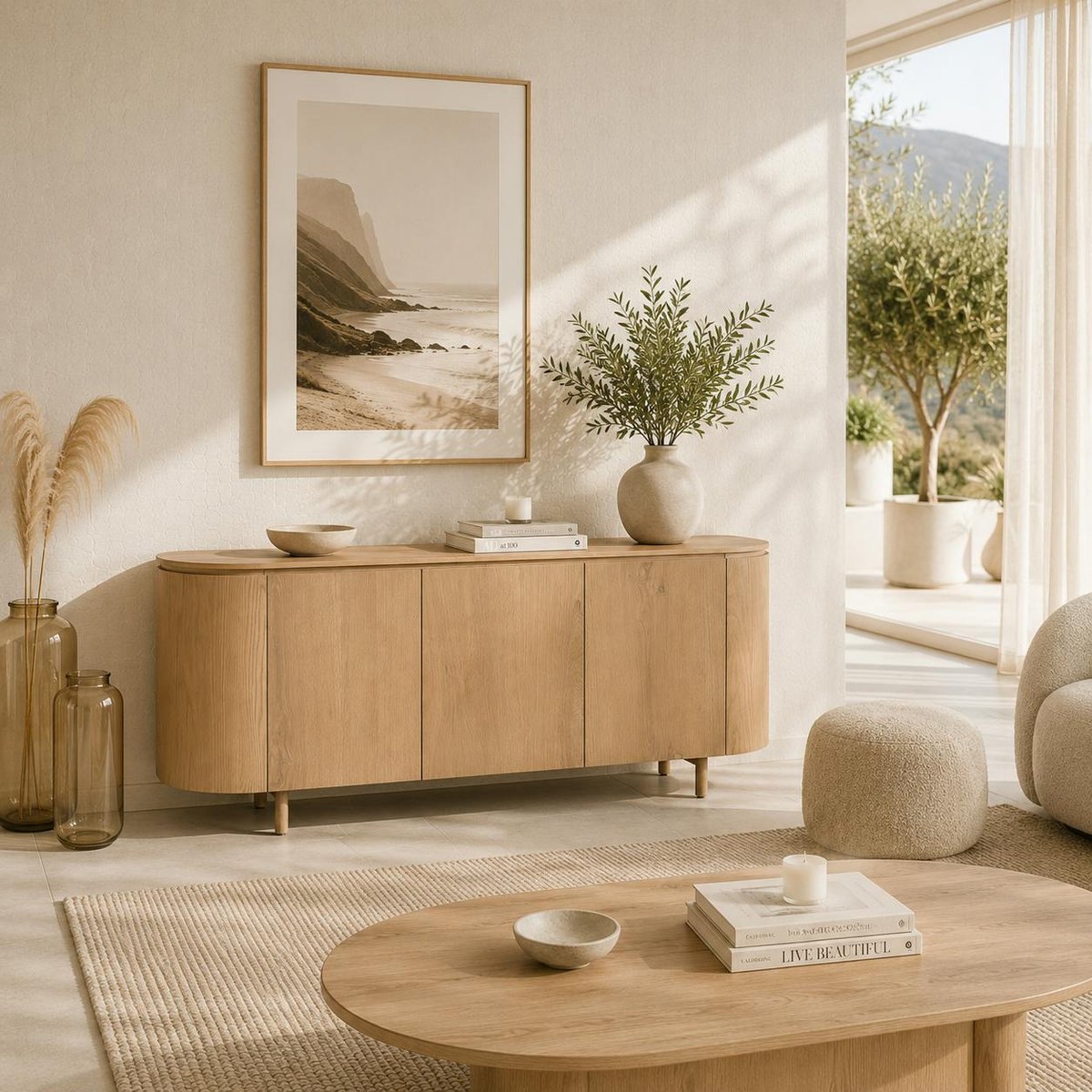 Buffet enfilade 3 portes en chêne, design arrondi LOREN bois clair, PIER IMPORT