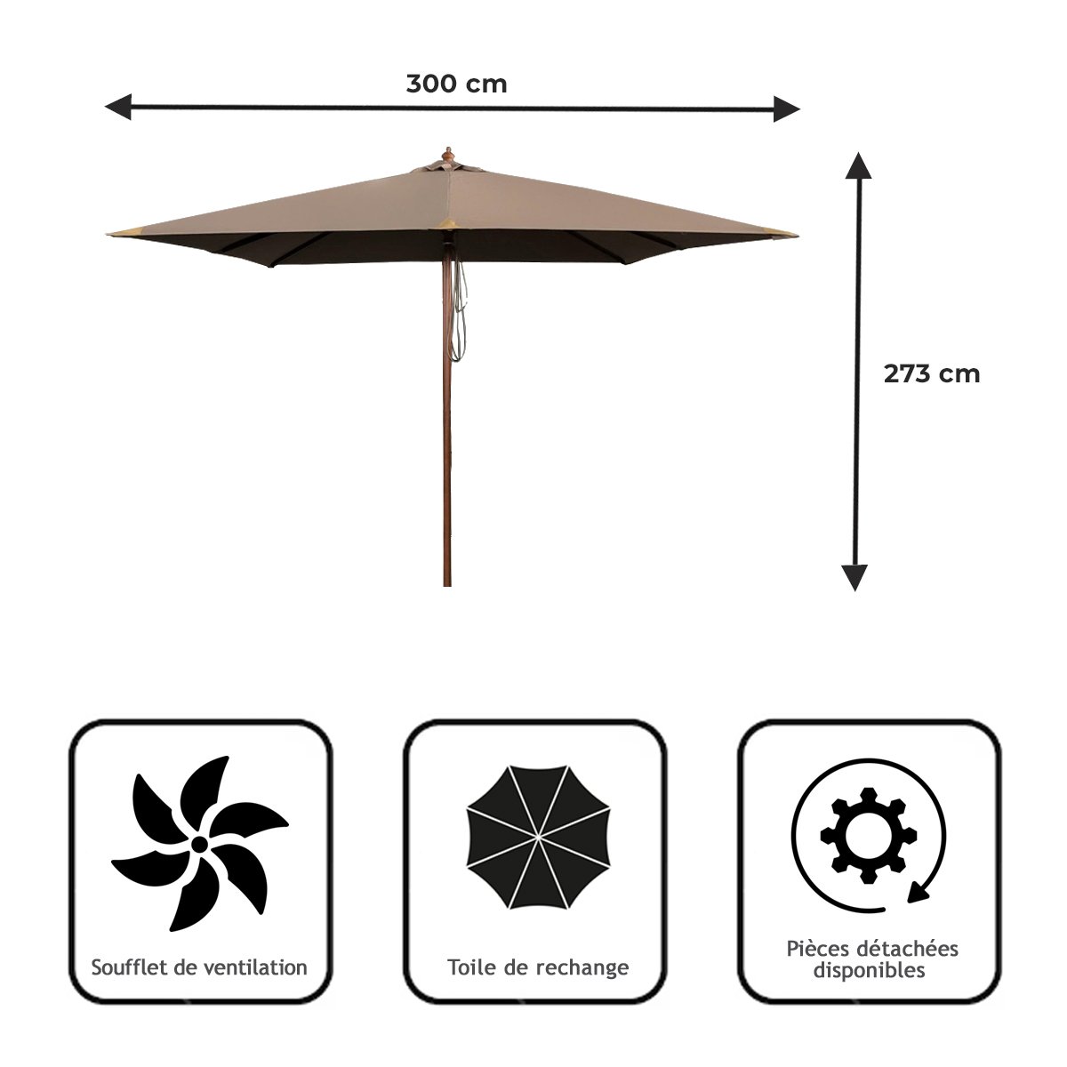 Parasol en bois 3x3m Pegasia taupe, GECKO JARDIN