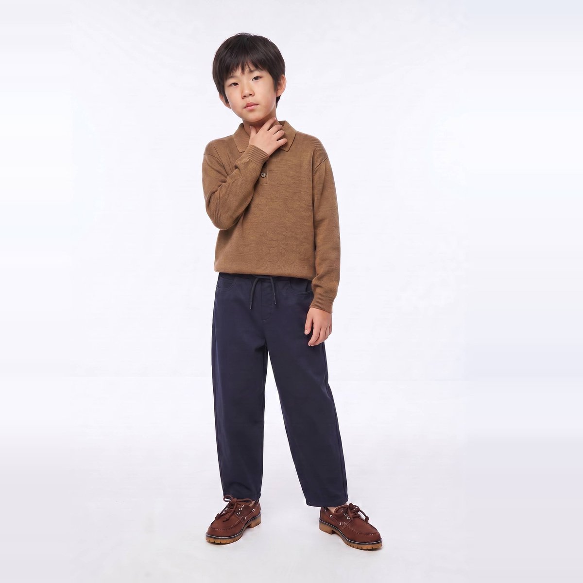 Pantalon droit élastiqué uni en coton marine, MONOPRIX