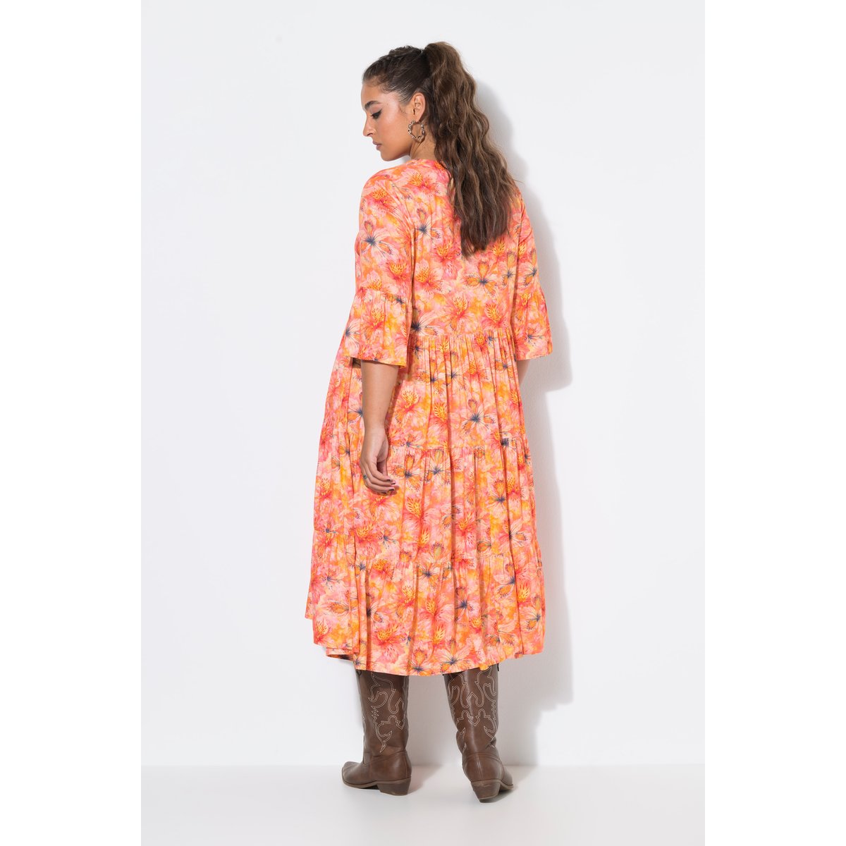 Robe midi, imprimé orchidée orange, STUDIO UNTOLD