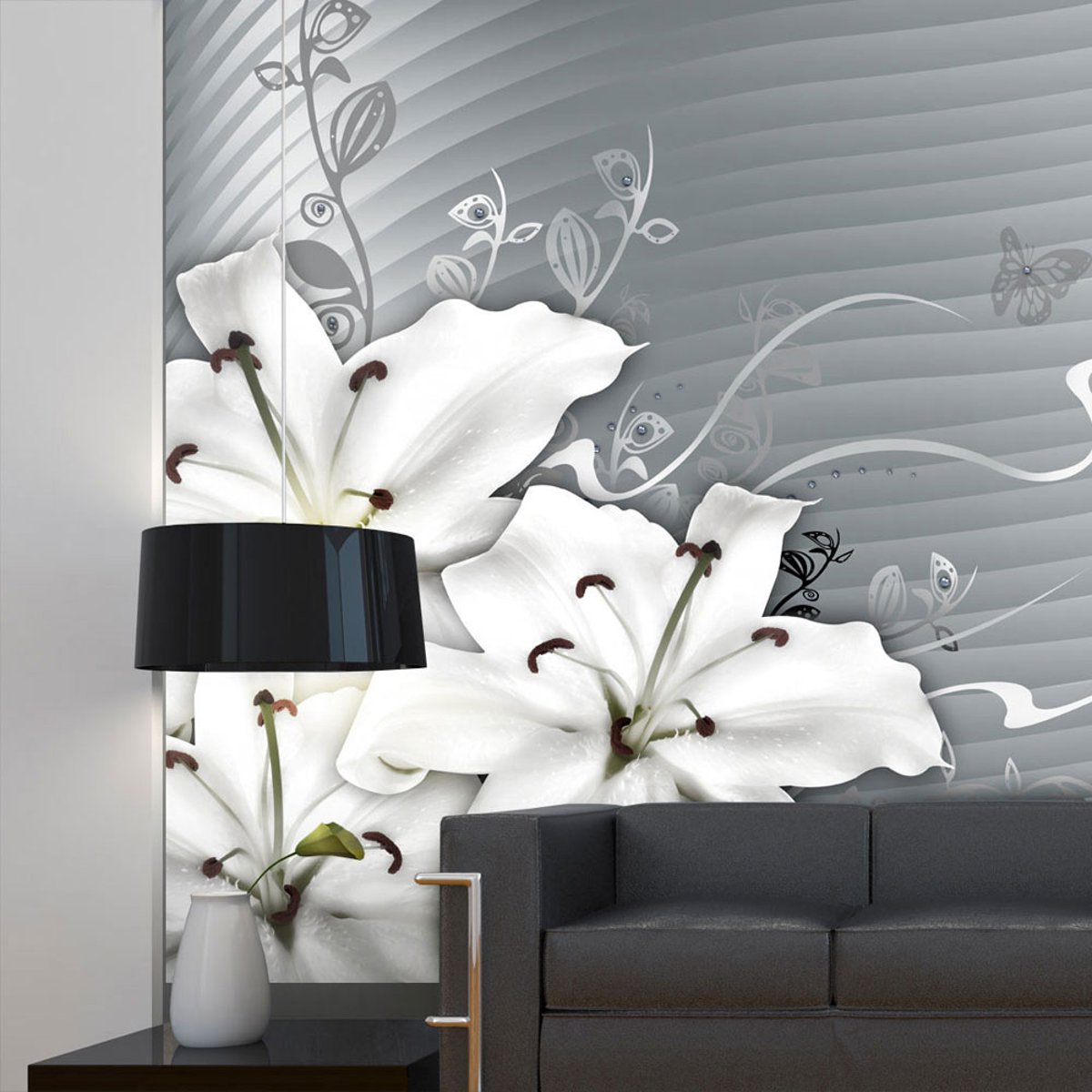 Papier peint intissé panoramique Fleurs Distance gris / argent, EDEN
