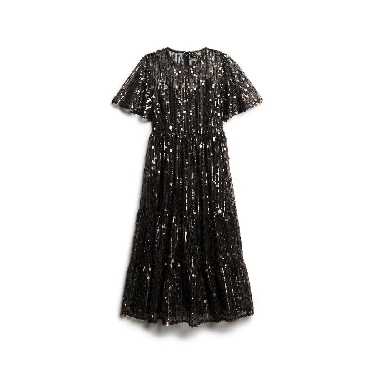 Robe mi-longue en maille filet à volants Volume gris poussière stadium, SUPERDRY